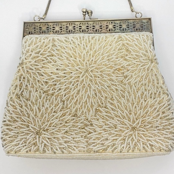 beaded cream handbag wristlet purse vintage - Picture 1 of 9